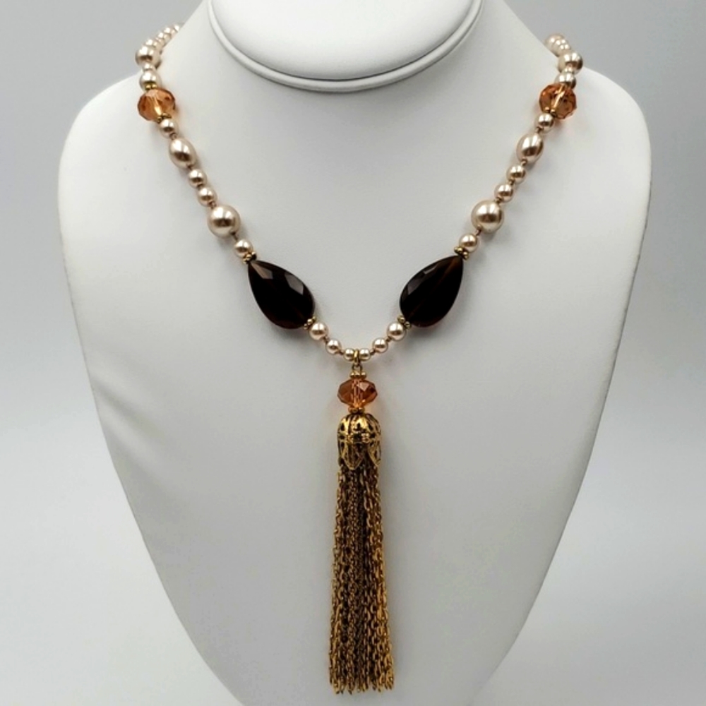 Carolee Champagne Pearls & Gold Tassel Pendant Necklace - Picture 1 of 8